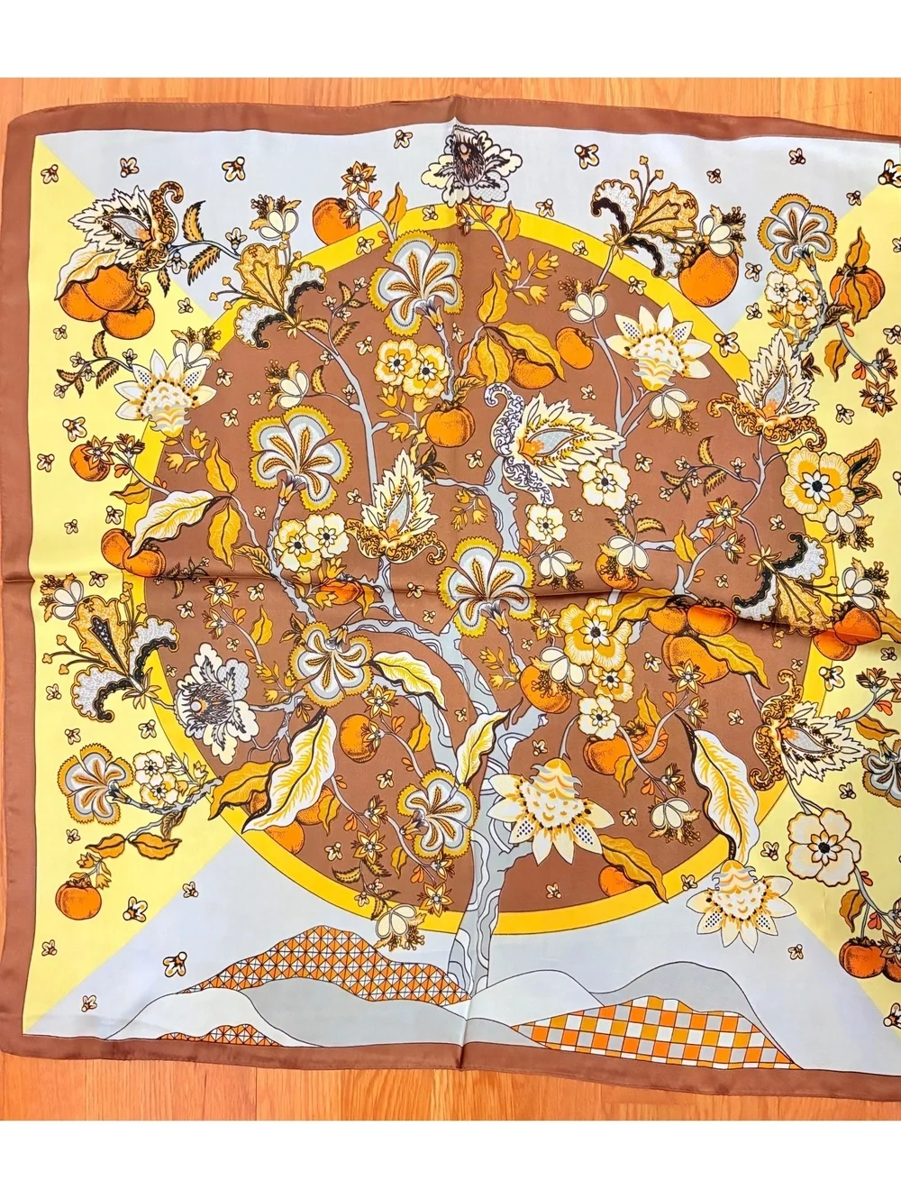 Vintage Floral Scarf in Brown, Yellow, and Orange with Botanical Print